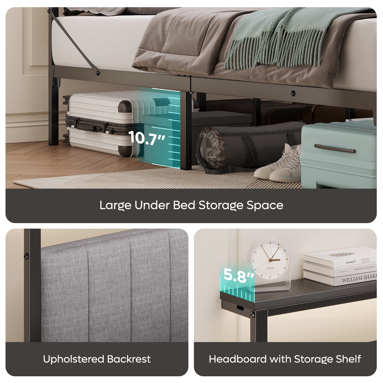 Full Size Bed with Upholstered Headboard | Bestier Metal Platform Bedframe with LED Lights, USB Charging Station & Storage Shelf, Gray Fabric