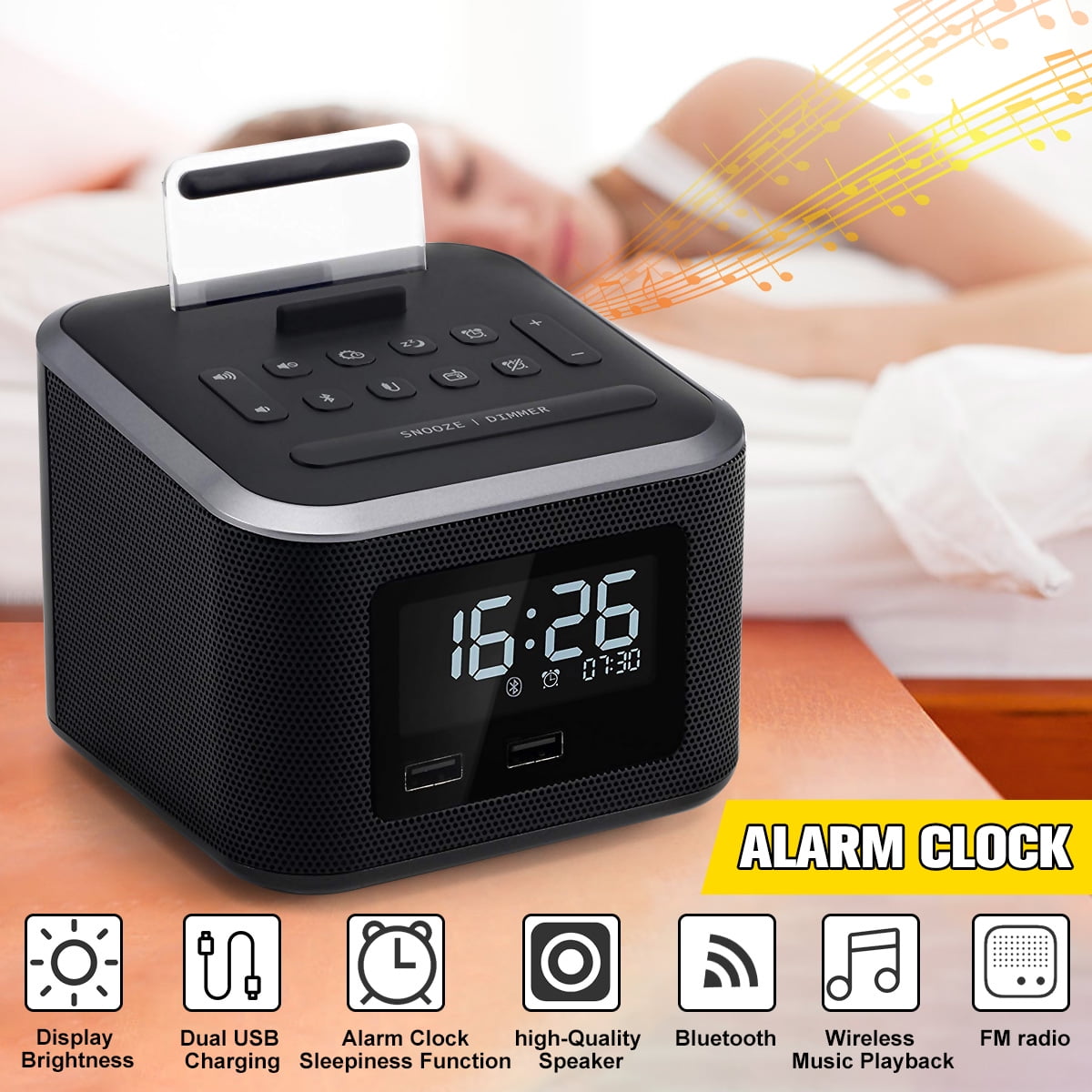 Wireless Bluetooth Speaker Digital Alarm Clock USB Charger With FM