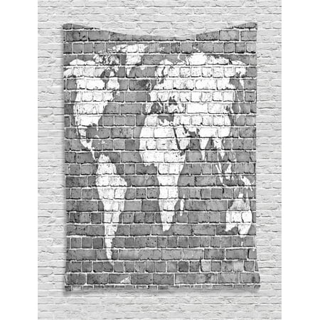 Wall Accessories Living Room Wanderlust Decor Wall Hanging Tapestry, World Map On Old Brick Wall Construction Grunge Antique Stained Abstract, Bedroom Living Room Dorm Accessories, By Ambesonne ()