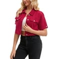 thumbnail image 4 of INSPIRE CHIC Women's Denim Cropped Short Sleeve Button Up Frayed Washed Jean Jacket Dark Red 2XL, 4 of 6