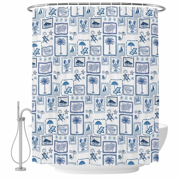 72x78 Inch Shower Curtain Tropical Plants Bathroom Decor, Waterproof Fabric Bathtub Bath Curtains Decorative Summer Coastal Blue Plaid Palm Trees Extra Long Shower Curtain Set with Hooks