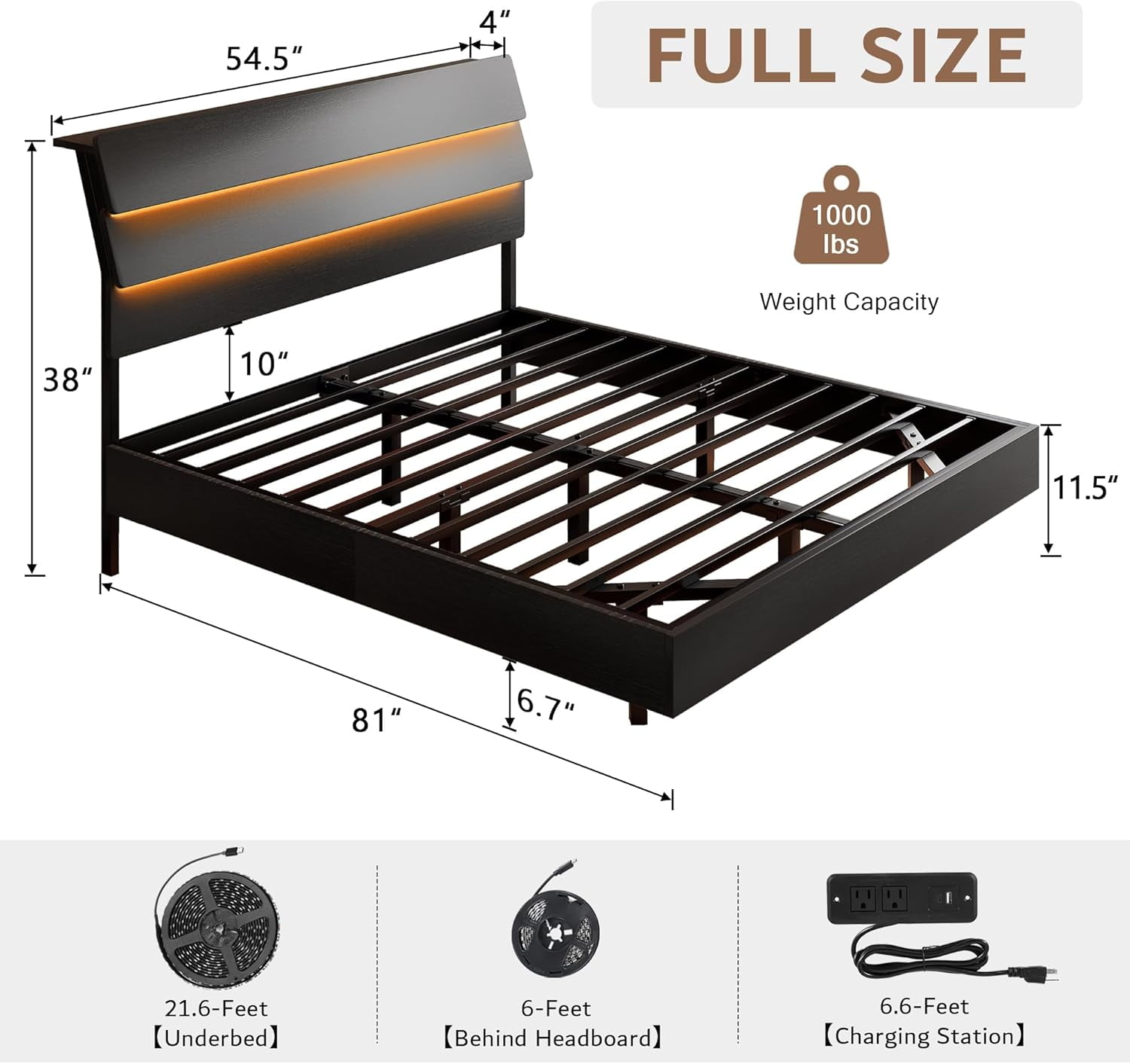 Honfach Floating Full Size Bed Frame with LED Lights & Charging Station, Platform Bed with Wooden Storage Headboard, Black.