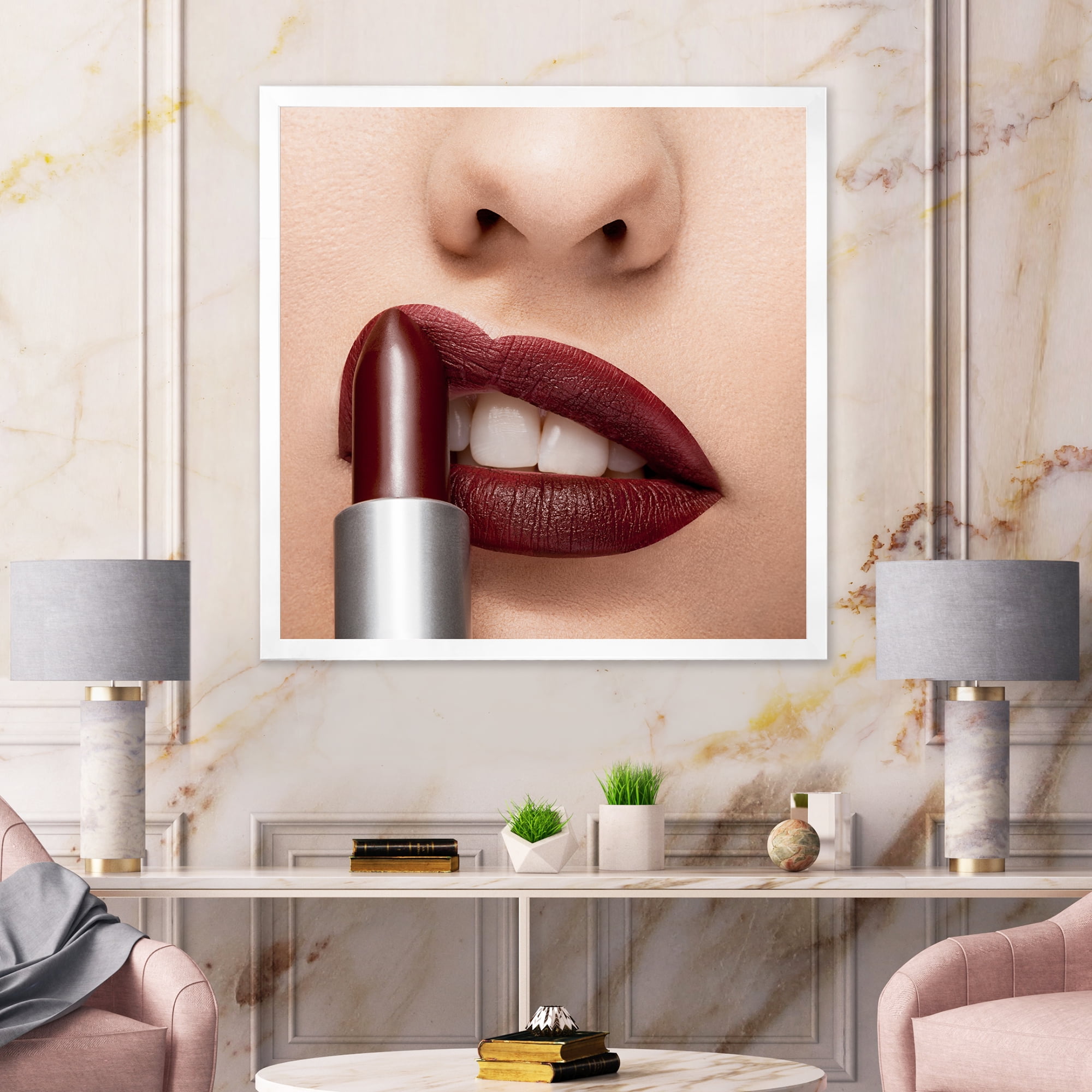 Designart 'Red Lipstick Getting Applyed On Woman Lips' Modern Framed Art Print