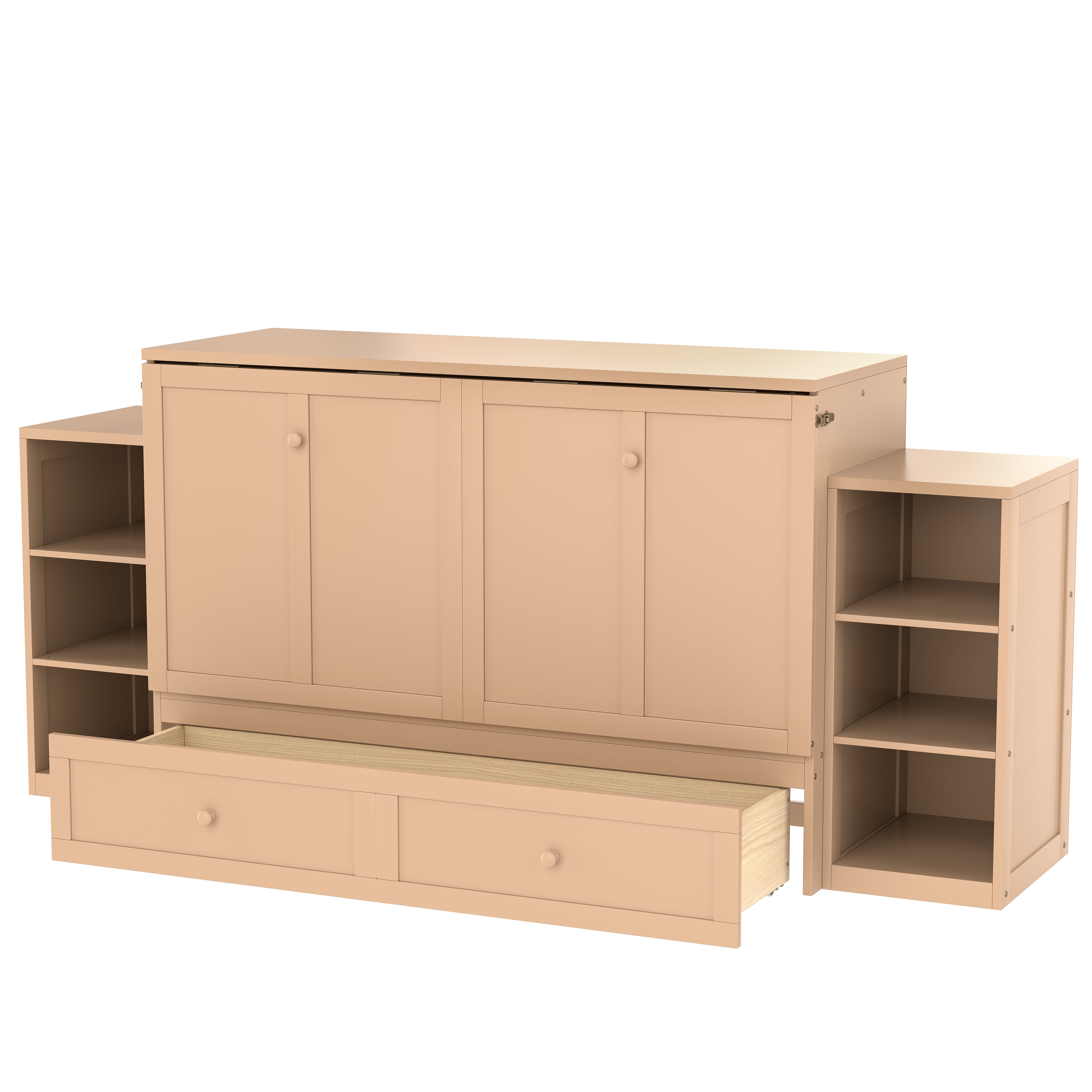 Mintazer Queen Size Murphy Bed with 6 Side Shelves & 2 Drawers, Modern Foldable Cabinet Bed for Bedroom Apartment Guest Room, Gold