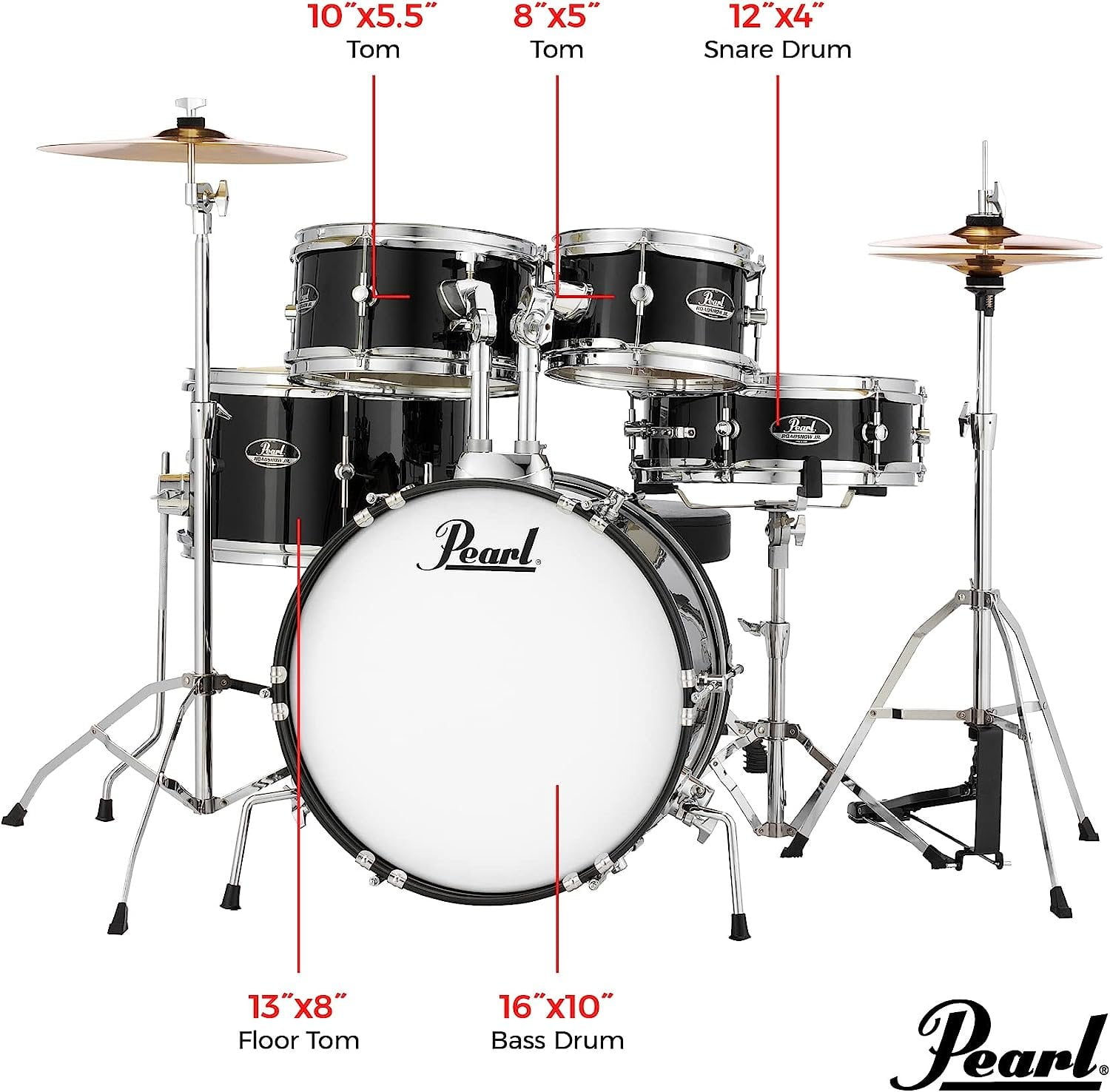 Pearl Roadshow Junior 5-Piece Drumset w/ 16" Bass Drum, Hardware & Cymbals - Jet Black