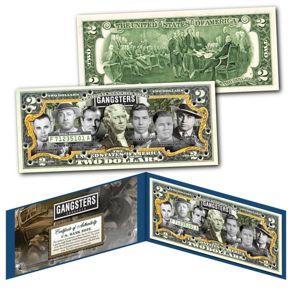 GANGSTERS Official US $2 Bill - Luciano, Dillinger, Siegel, MGK, Floyd, Capone