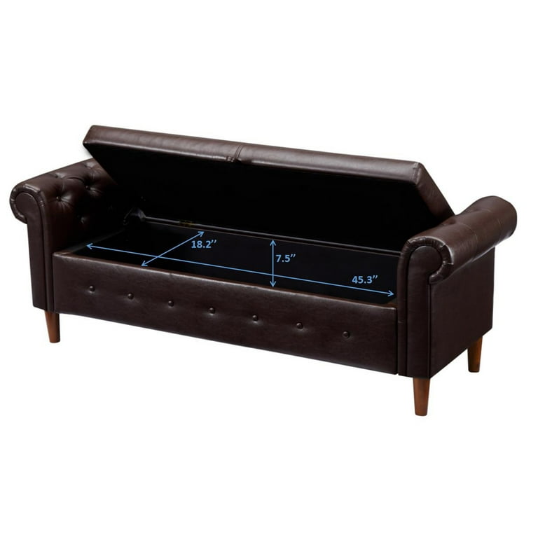 HUTWIFE 63 PU Leather Storage Bench for Bedroom End of Bed Rolled Armed Ottoman Couch Brown PU