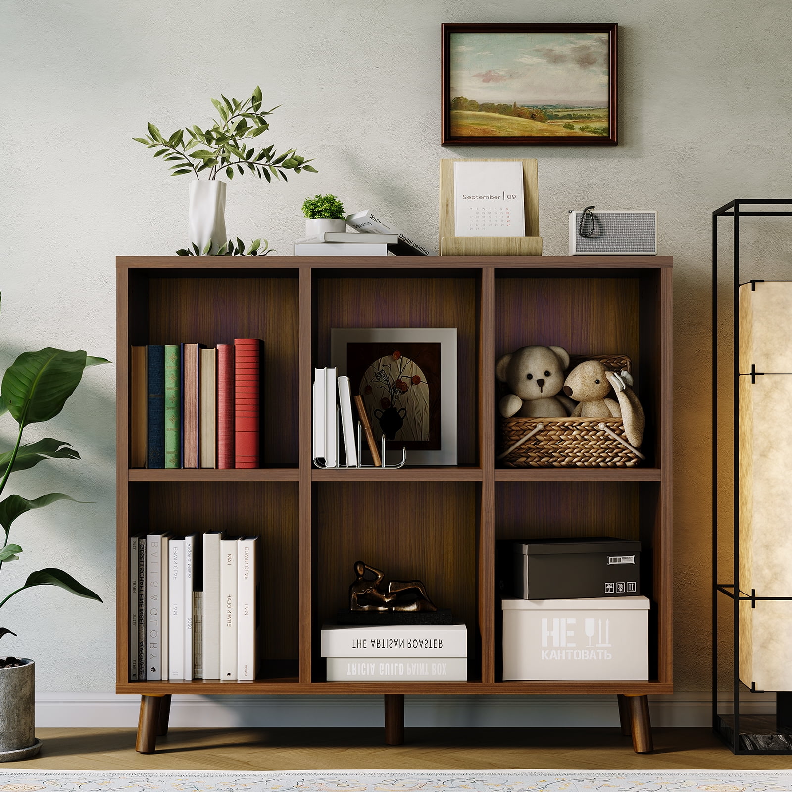 Danolapsi Cube Bookshelf,6 Cube Storage Organizer Shelf,Freestanding Open Bookcase,Display Cabinet Organizer with Base,2 Tier Mid-Century Modern Bookshelf,for Living Room,Bedroom,Home Office