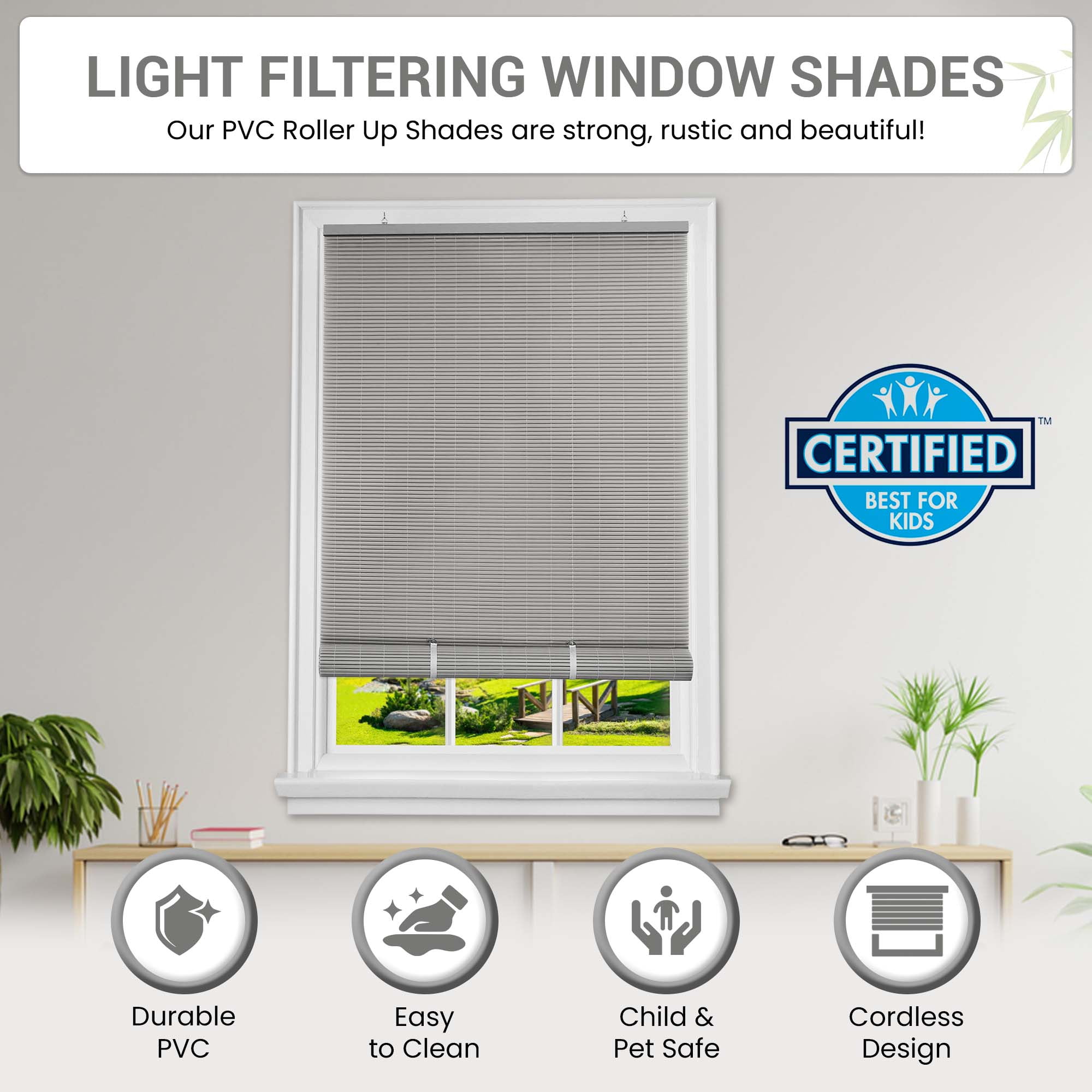 PowerSellerUSA Oval Cordless Blinds, Roll-Up Roller Shades for Windows and Doors, Light Filtering and Shades Privacy Window Treatment for Home - 60" (Width) x 72" (Length) Gray
