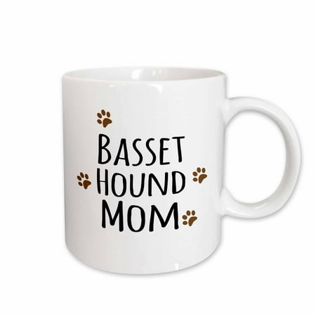 Breed Coffee Mug - 3dRose Basset Hound Dog Mom - Doggie by breed - brown muddy paw prints - doggy lover - pet owner mama love - Ceramic Mug, 15-ounce