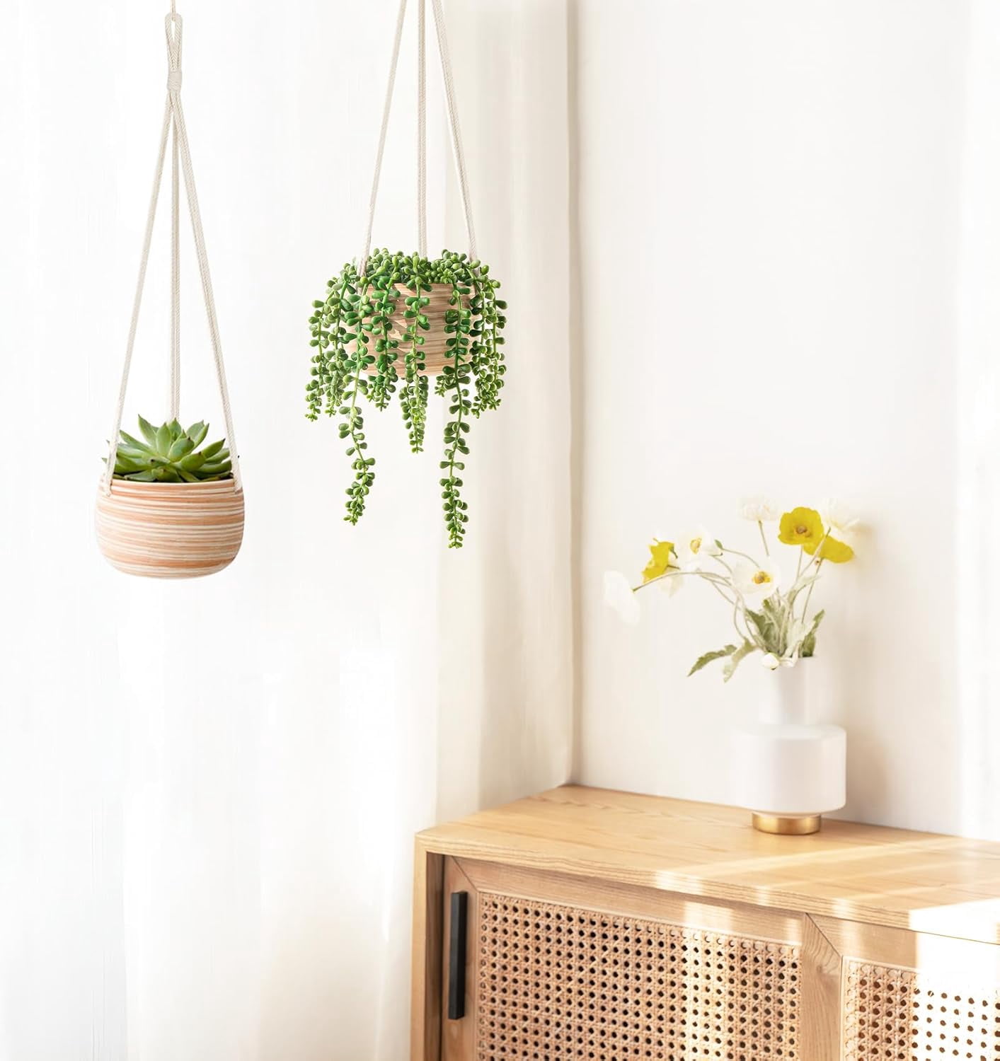 Ceramic Hanging Planter Macrame Plant Holder 5 Inch Cute Succulent Cactus Pot with Cotton Rope Hanger for Indoor Outdoor Decor, 1 Pack