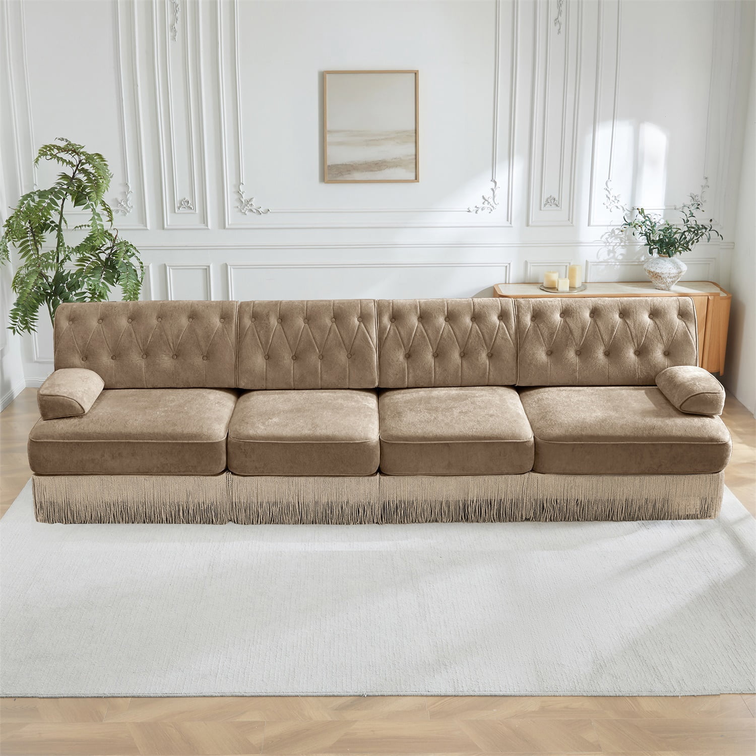 Hommoo 4-Seater Chesterfield Style Velvet Fabric Sofa Couch set, Tufted Button Upholstered Design and Floor-grazing Tassel, Free Combination Sectional Sofa, for Home, Camel