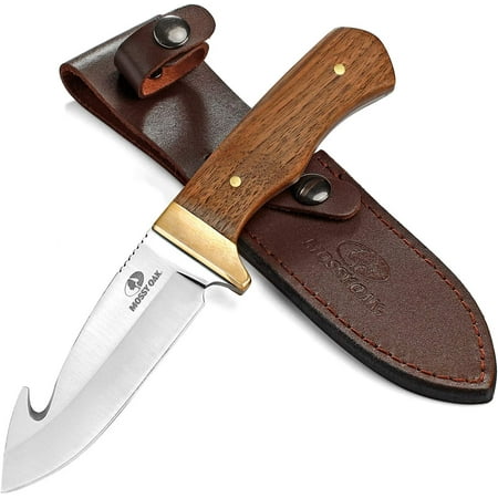 Mossy Oak Fixed Blade Gut Hook Knife 9.5-inch Full Tang Field Processing Knife - Wooden Handle Leather Sheath Included for Skinning Hunting Outdoors