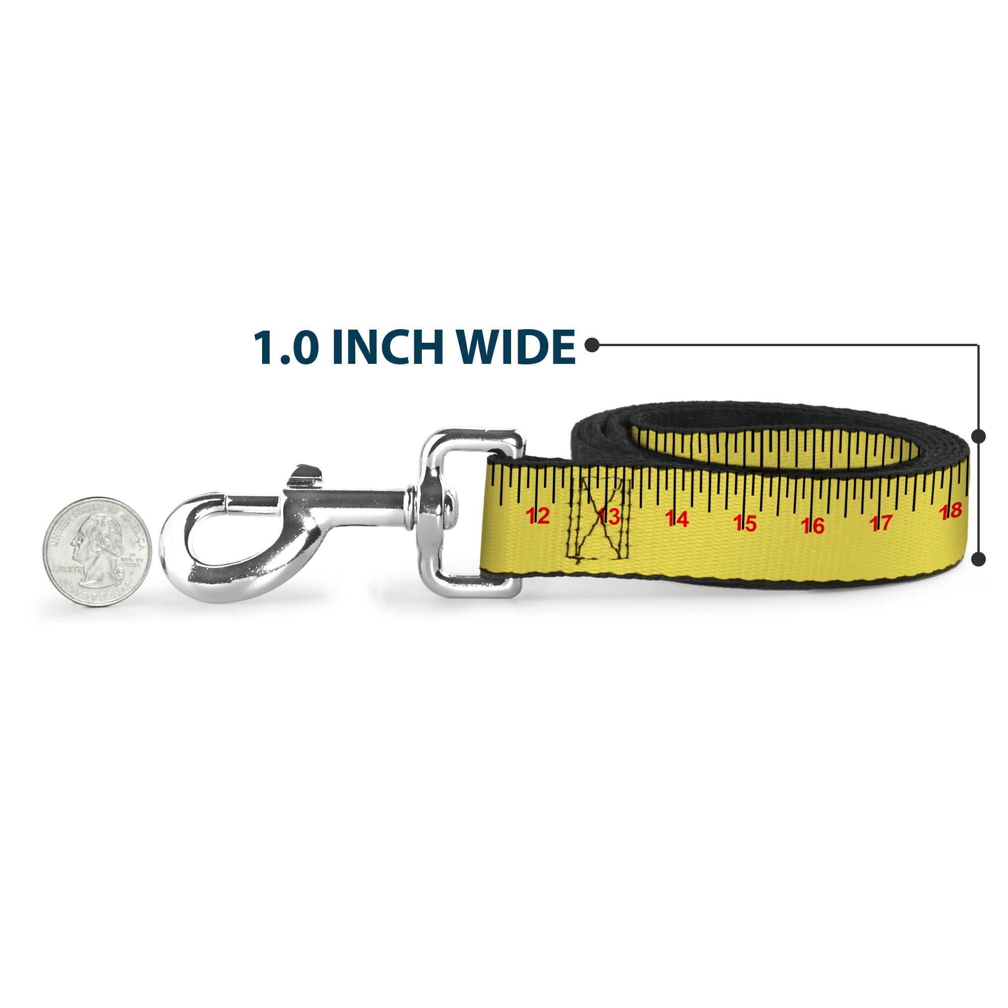 Buckle-Down Pet Leash, Dog Leash, Measuring Tape Yellow Black Red, 6 Feet Long 1.0 Inch Wide