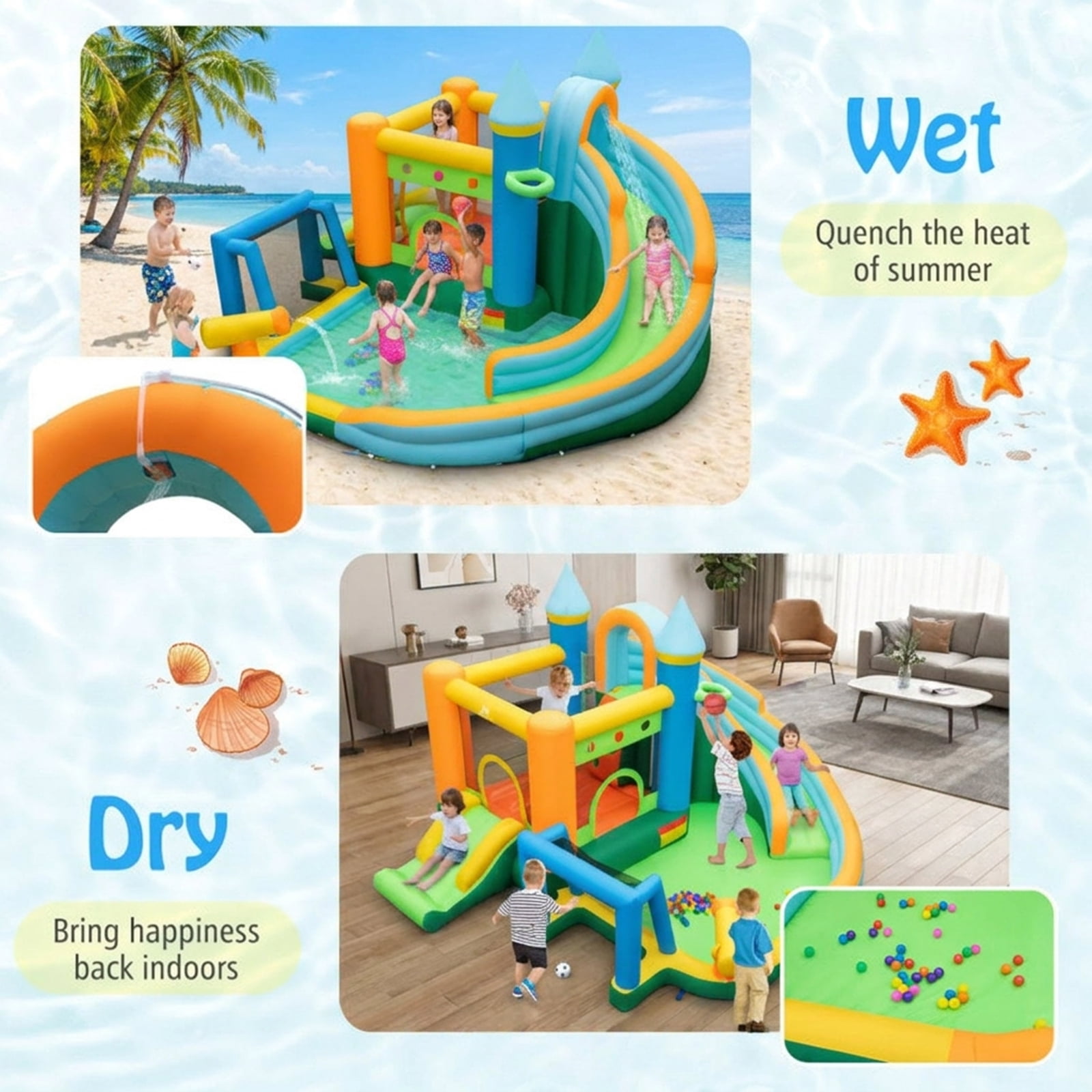 Redsmile Inflatable Water Slide Bounce House with Dual Slides and Splash Pool, Backyard Water Slide with Basketball Rim, Soccer Goal and Ball Pit for Kids Ages 3-10 (Without Blower)