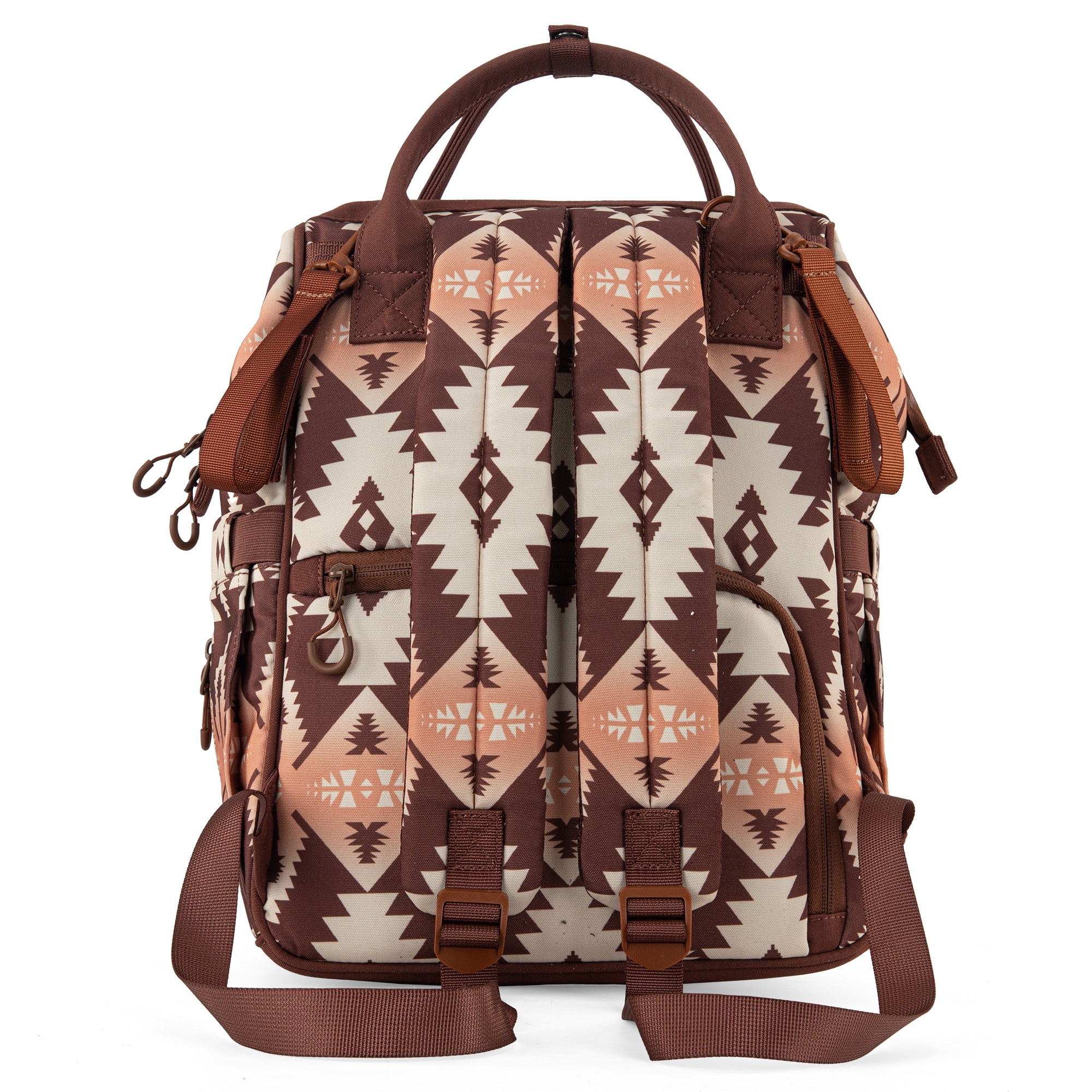Wrangler Aztec Travel Backpack Baby Bag for Women with Stroller Strap and Side Bottle Pockets Organized Diaper Bag, Brown
