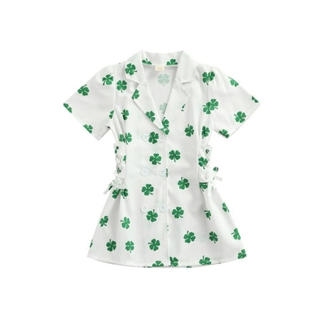

Canrulo Toddler Kids Girls St. Patrick s Day Clothes Short Sleeve Four Leaves Clover Button Shirt Dress Outfits White Green 3-4 Years