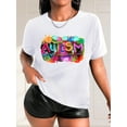thumbnail image 1 of T-Shirt Imprimé Graffiti pour Femmes - Mode Décontractée, Col Rond, Manches Courtes, Polyester Respirant - Parfait pour Printemps/été, Éclaboussures d'Encre, Noir, 1 of 7