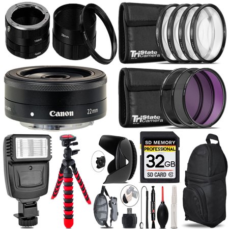 Canon EF-M 22mm f/2 STM Lens +Macro Extension Tube Set + Flash + Tripod & More - 32GB Accessory Kit