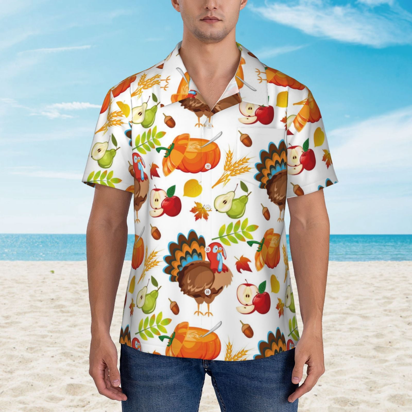 Logiee Thanksgiving Turkey Print Mens Hawaiian Shirts,Loose-Fit Short Sleeve Button Down Tropical Aloha Beach Shirt,Summer Vacation Wedding Tops,Small