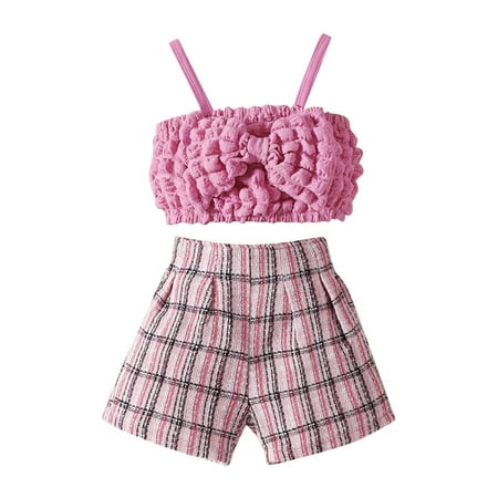

QBGSAY Little Child Outfits Sets Toddler Kids Baby Girls Strap Bowknot Sleeveless T Shirt Tops Plaid Shorts Pants 2Pcs Summer Outfits Clothes Set 2Pcs Outfits