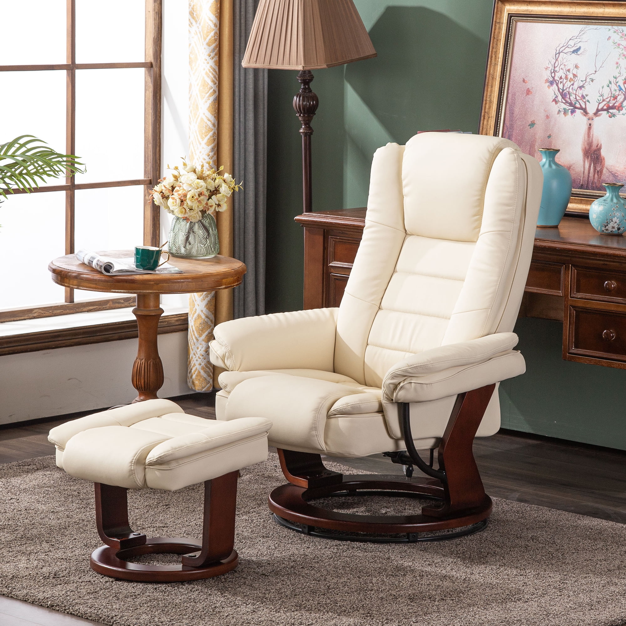 Cream leather recliner chair with footstool hot sale