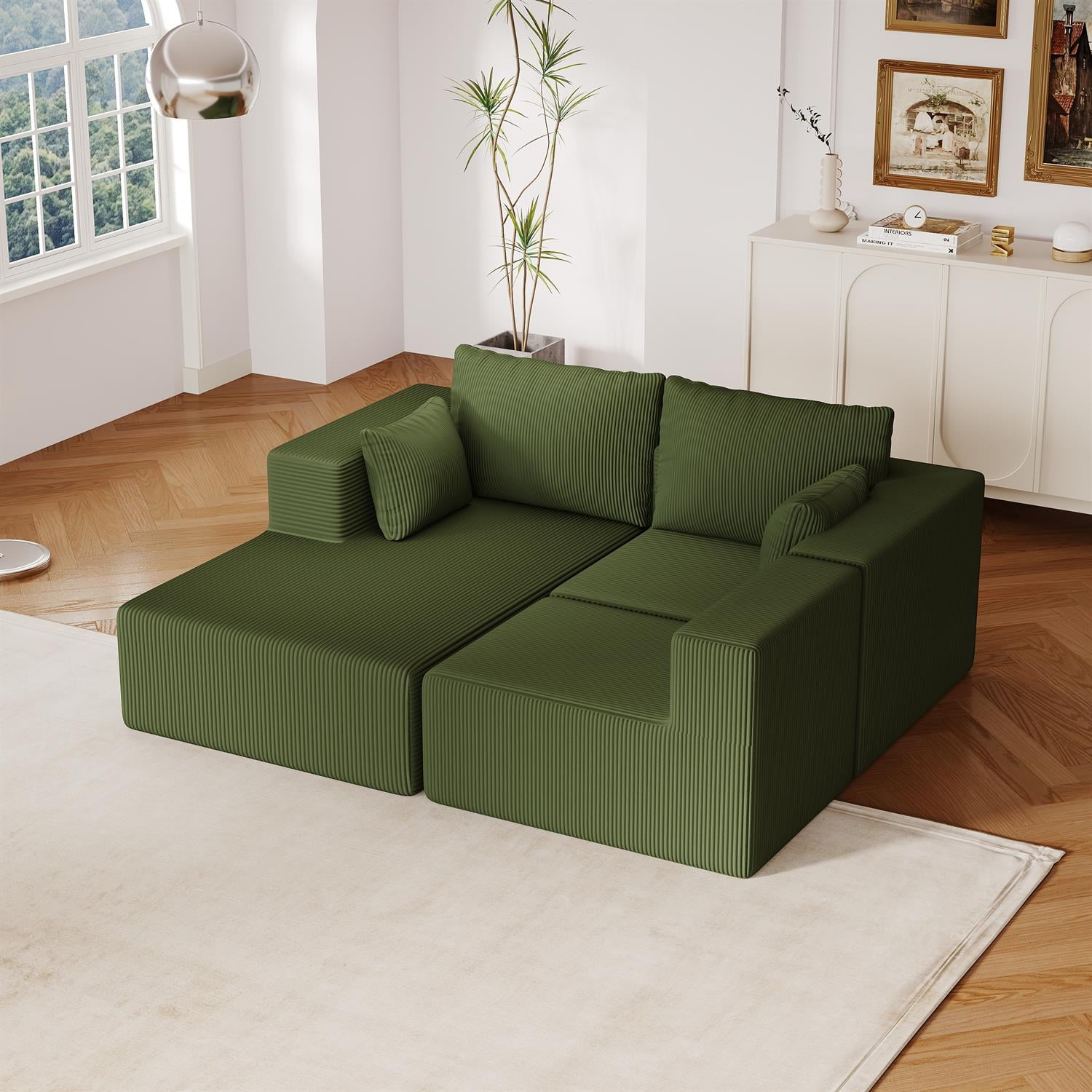 Demi Bonn 108" L-Shaped Modular Foam Sofa with Chaise Lounge, Cloud-Like Comfort Couch, Corduroy Sectional for Living Room, Green