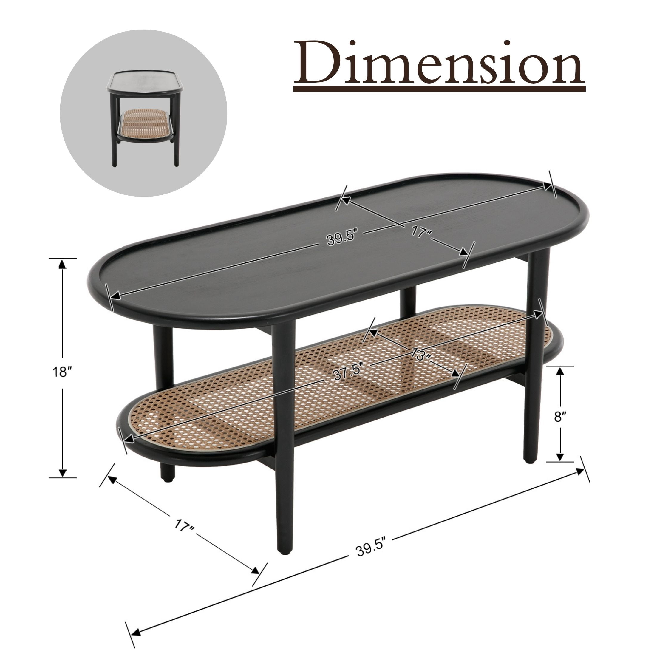 Dayalane Black Rattan Coffee Table,Mid-Century Modern 2-Tier Center Table with Storage Shelf Wooden Top for Living Room, Bedroom or Small Spaces