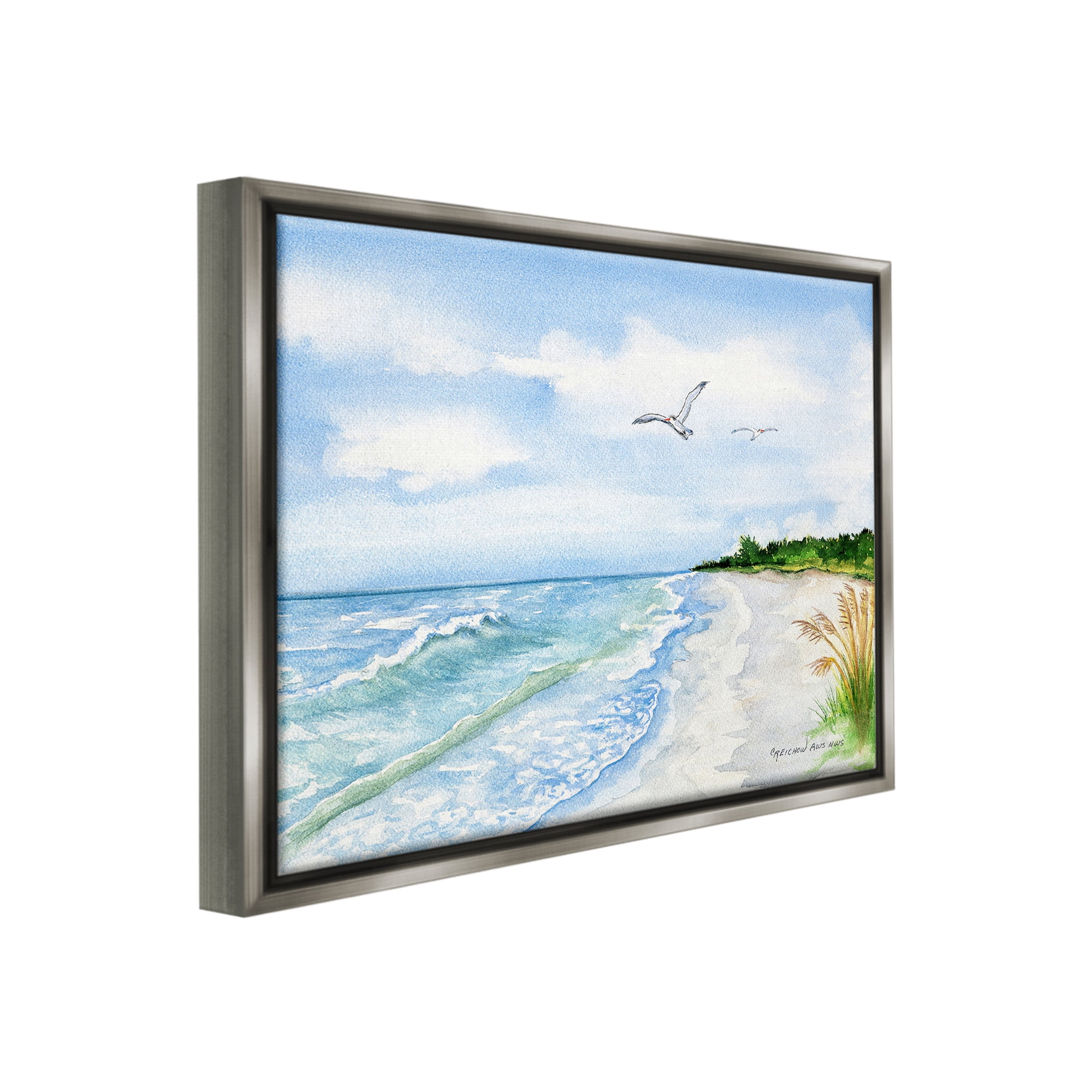 Stupell Industries Traditional Seagull over Beach Landscape Painting Gray Floater Framed Canvas Art Print Wall Art, 21 x 17