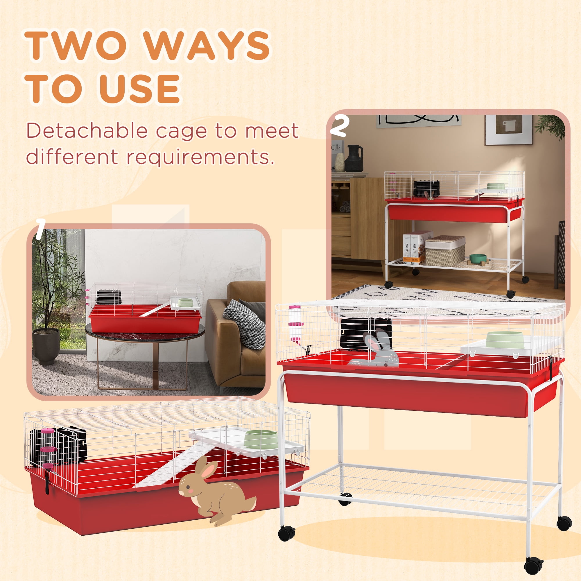 Two-Story Small Animal Cage Removable from Stand, 39" x 20.5" x 36.5", Red