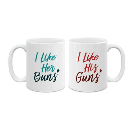 MUGBREW 11 Oz Ceramic Tea Cup Coffee Mug, Set of 2 I Like Her Buns + I Like His (Fallout 3 Best Gun Ever)