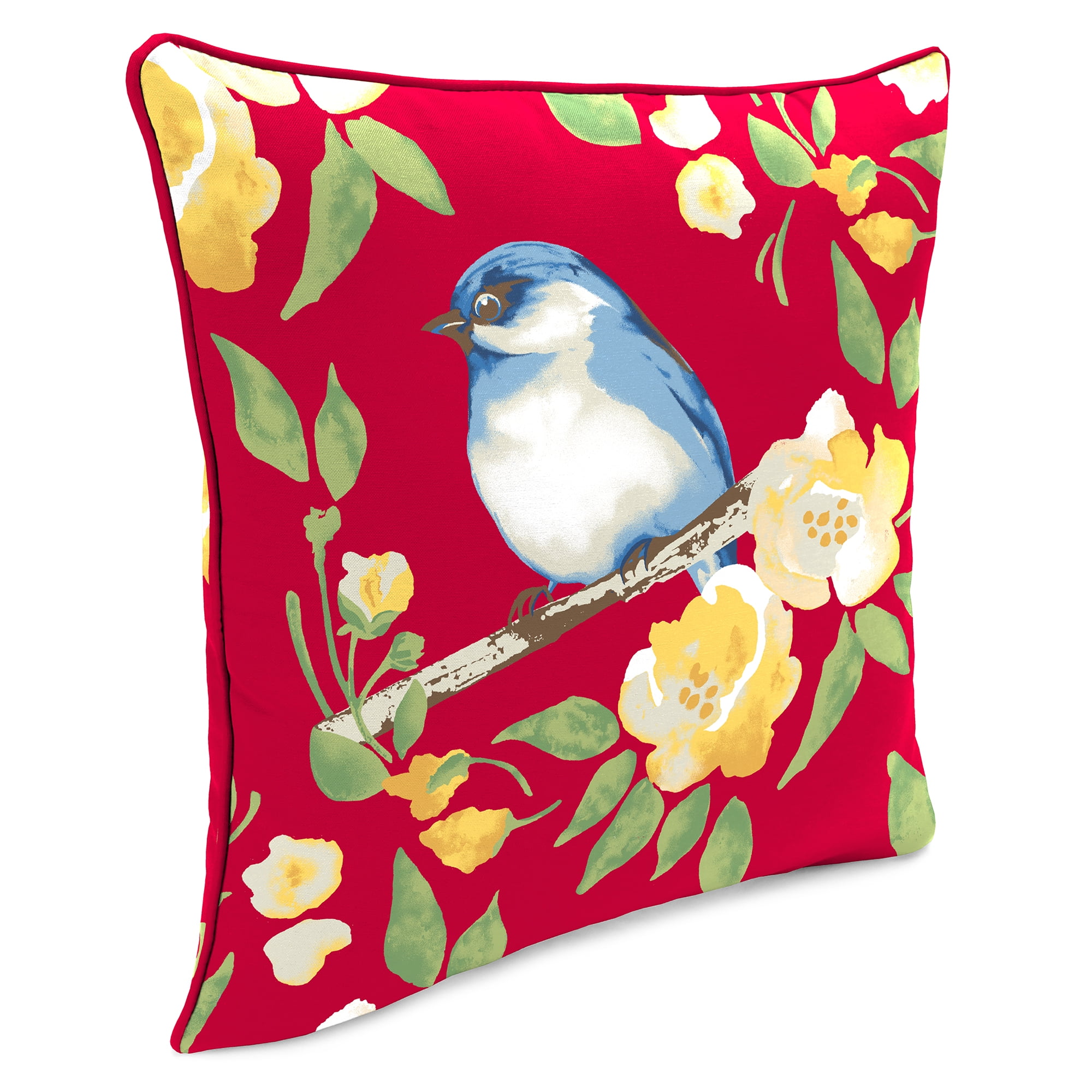 Jordan Manufacturing 16" x 16" Bluebird Red Bird and Floral Reversible Square Outdoor Throw Pillow with Welt