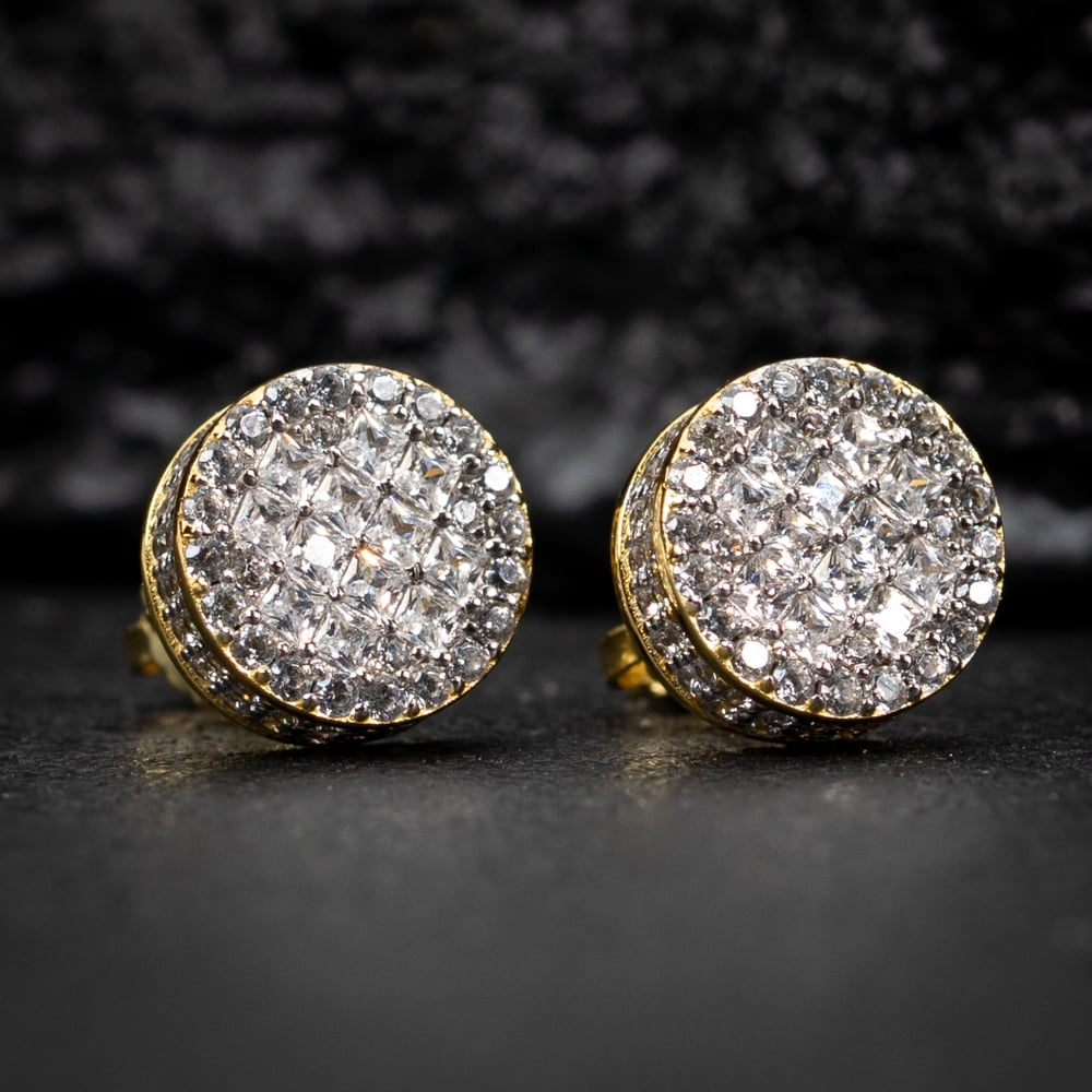 Men's Round Two Tone 14K Gold Plated 925 Sterling Silver Screw Back Post Cluster Square Princess Cut Hip Hop Gauges Circle Shape Stud Earrings