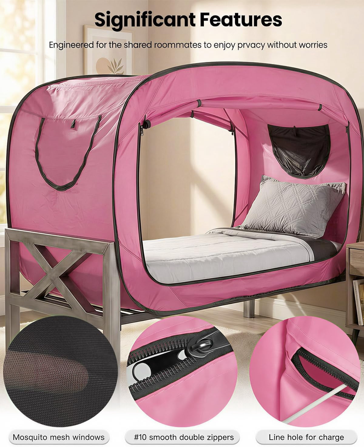 Bed Tent Twin Bed Canopy Portable Dream Tent for Adult Indoor Sleeping Tents with 2 Doors Breathable Private Space Tents, Pink