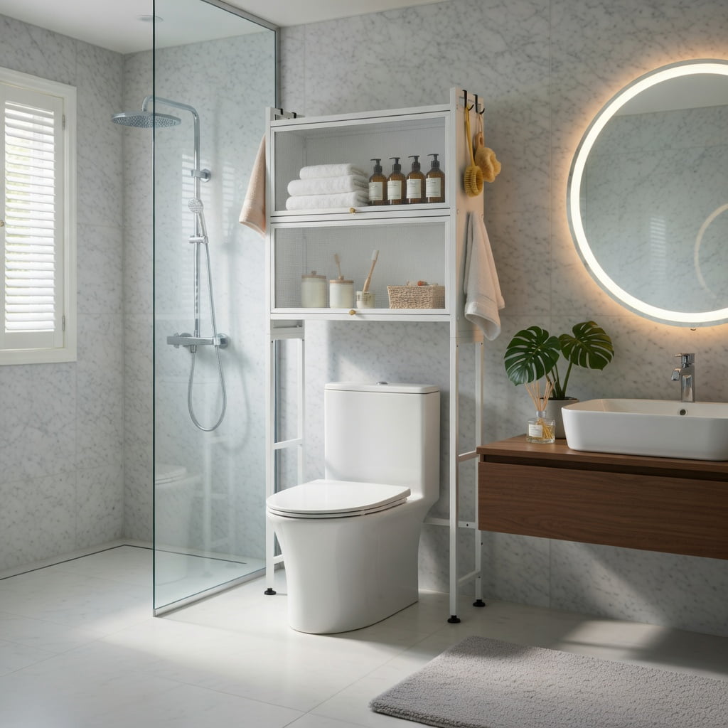 Hommoo Over-the-Toilet Storage Cabinet with Flip-Up Doors, Adjustable Height & Wall-Safe Design, Bathroom Organizer for Shampoo, Toiletries & Towels, White