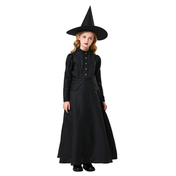 ZGRBOU Girls' Vintage Witch Costume Dress with Pointed Hat Long Sleeve High Neck Button Dress Halloween Cosplay Outfit
