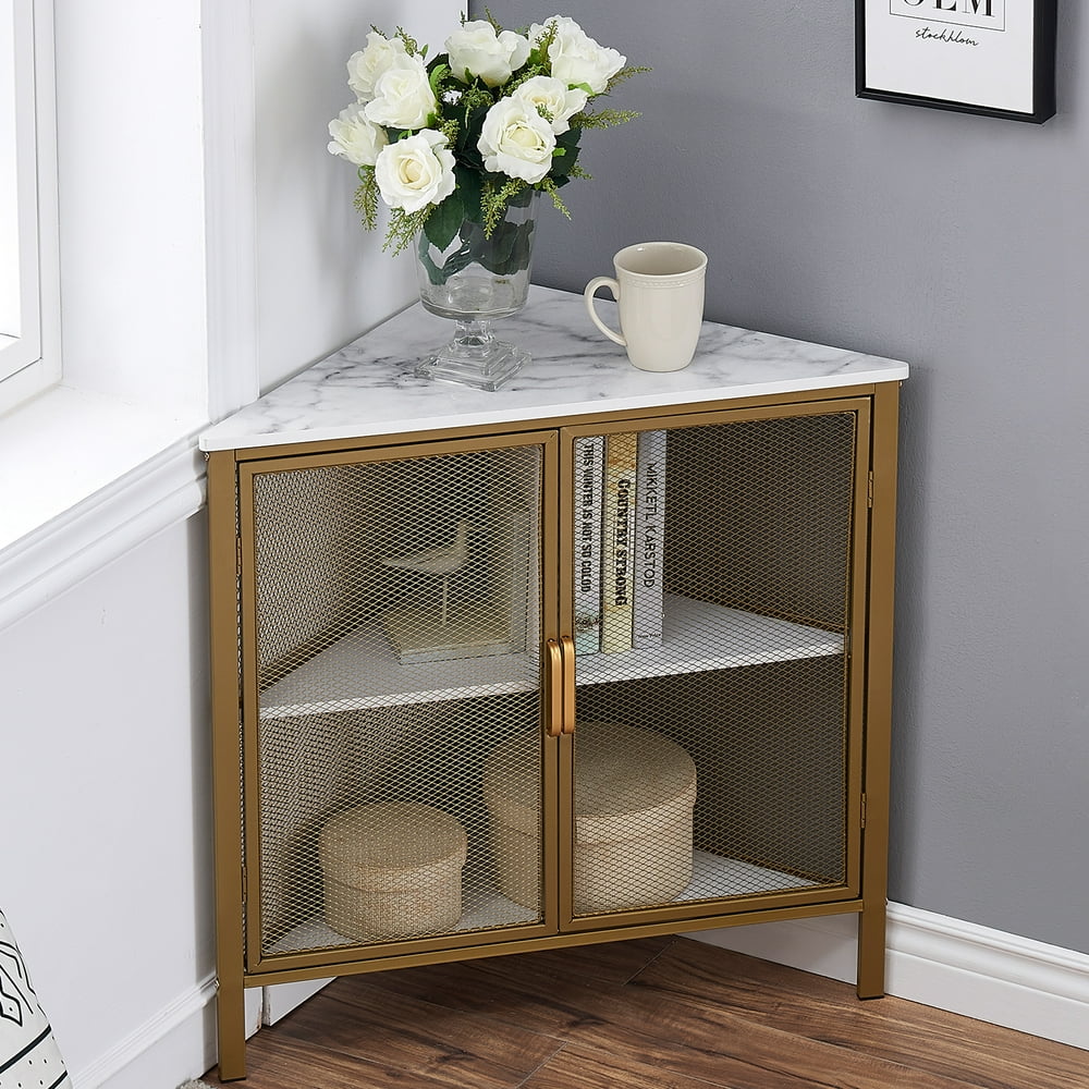 VECELO 3Shelf Corner Accent Table with 2 Iron Grid Door Home