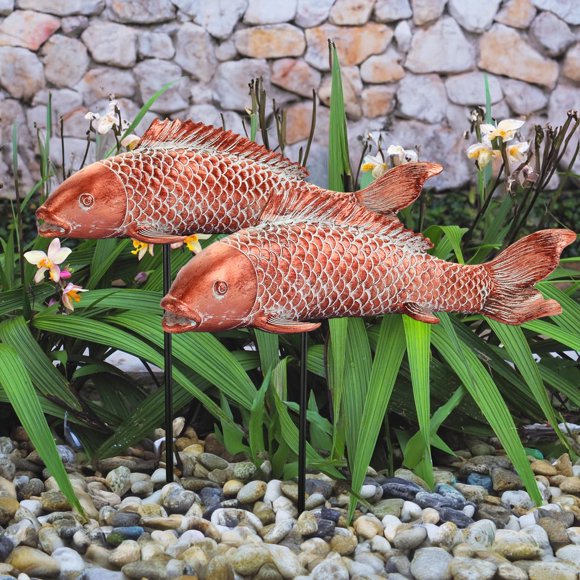 Set de 2 estatuas de jardín de peces koi Wosuine, decoración color cobre