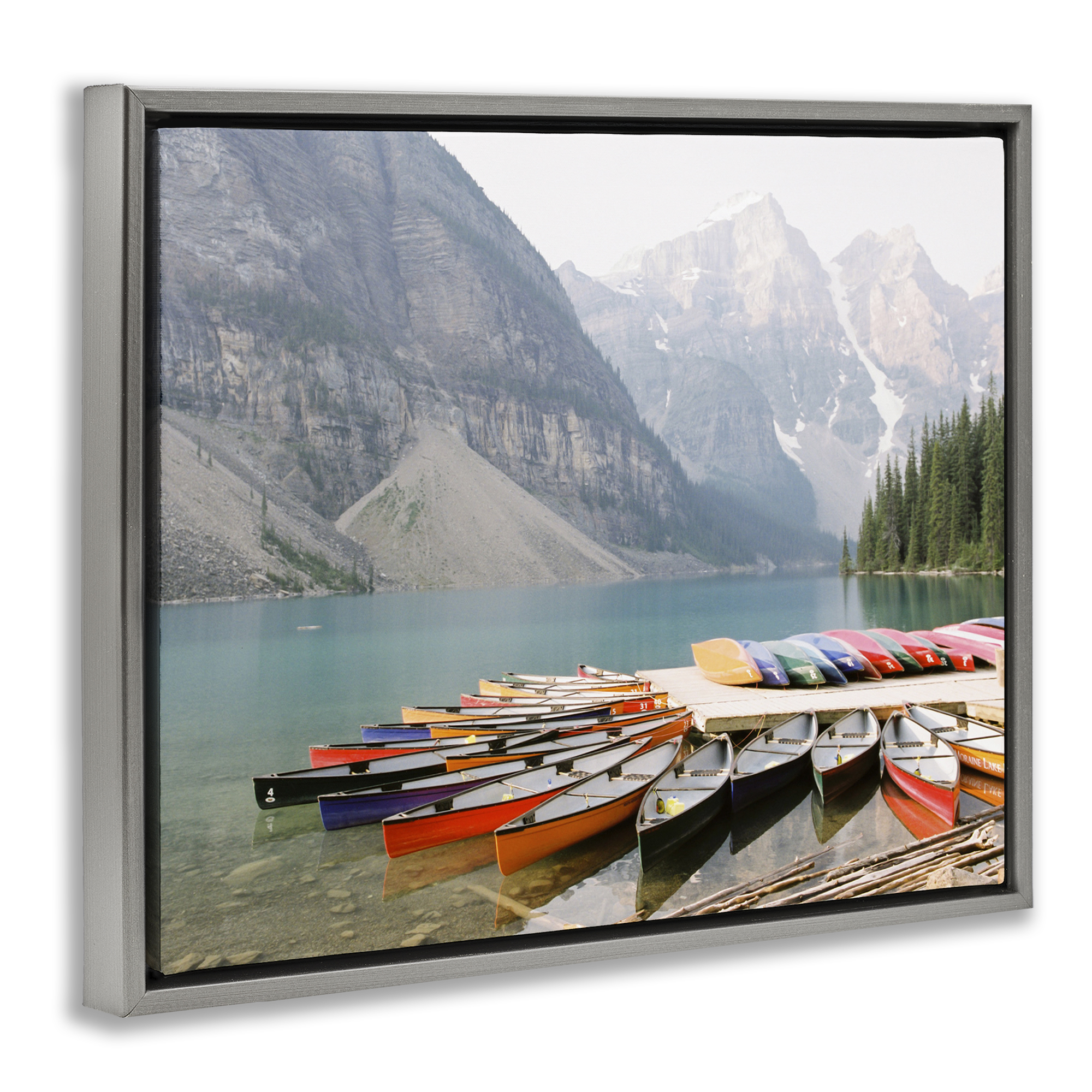Stupell Industries Cliffside Canoe Dock Landscape Photography Gray Floater Framed Art Print Wall Art, 31 x 25