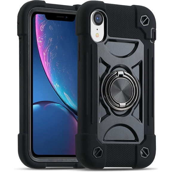 Compatible with iPhone XR Case 6.1 Inch with Ring Stand, Heavy-Duty Military Grade Shockproof Phone Cover with Magnetic Car Mount for iPhone XR 6.1. (Black)