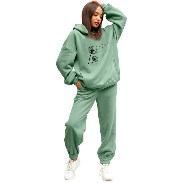 Gibobby Conjuntos de sudadera con bloques Traje pantalón de dos piezas con capucha y estampado floral de diente de león de girasol para mujer(Verde,XL)