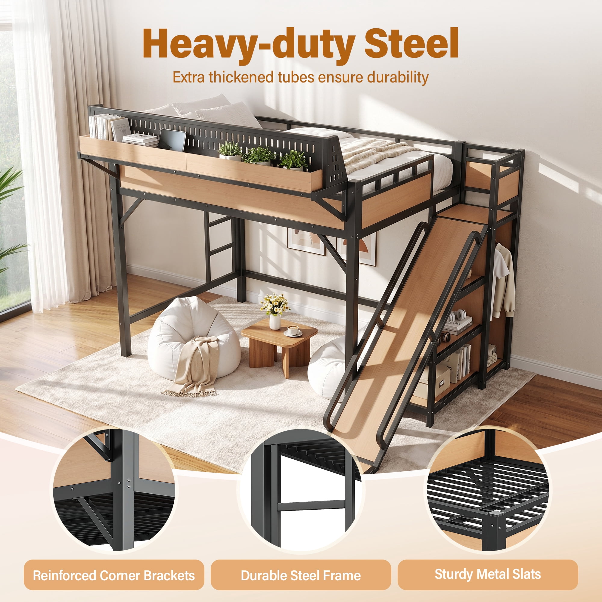 Aukfa Full Size Loft Bed with Slide, Shelves, Wardrobe, USB Ports & LED Lights, Heavy-Duty Metal Bed Frame for Kids Teens Adults, Natural