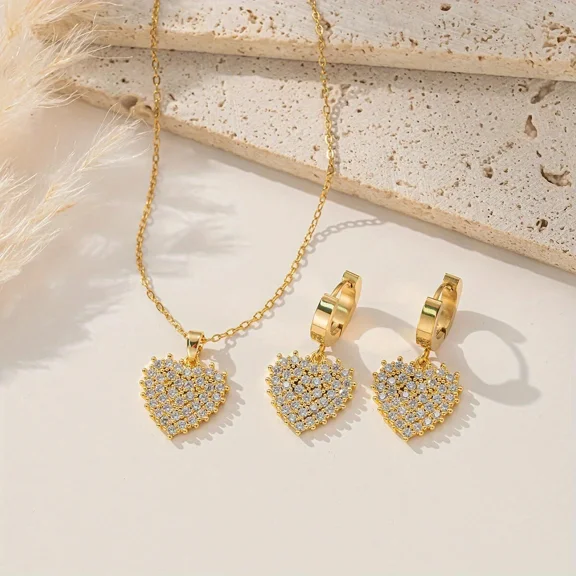 Heart Pendant & Drop Earring Set for Wedding Women Jewelry Set 14k Yellow Gold Plated 3Ct Round Cut Simulated Diamond 925 Silver