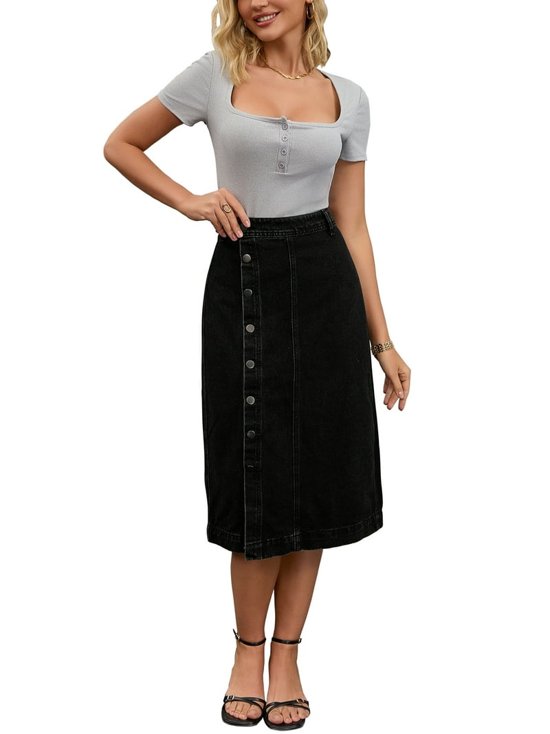 Women Denim Midi Skirt High Waisted Button Up Casual Slit Jean