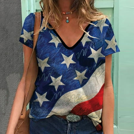 

Summer Tops for Women Comfy Soft V Neck Short Sleeve Flag Shirts Casual Independence Day Printed Top