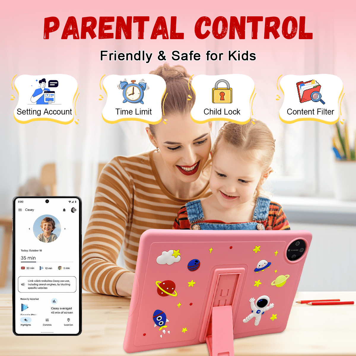 Kids Tablet, 10 inch Android Tablet for Kids, 16GB+128GB Quad-Core Toddler Tablets with Shockproof Case, BT5.0, WiFi 5, Parental Control, Games, Dual Camera
