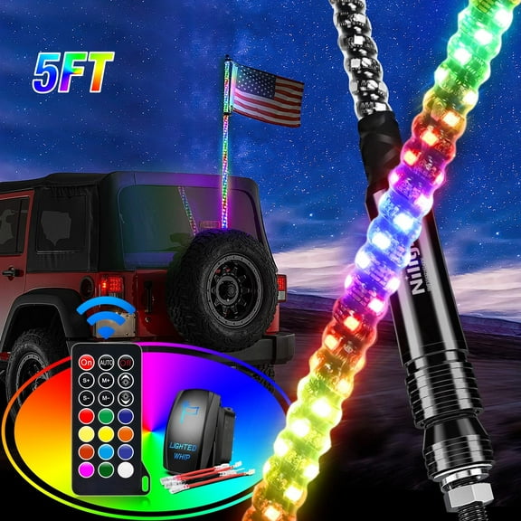 Nilight 2Pcs 5FT Spiral RGB Led Whip Light w/RGB Chasing/Dancing Light RF Remote Control Lighted Antenna Whips for Can-am ATV UTV RZR Polaris Dune Buggy 4 Wheeler Offroad Jeep Truck