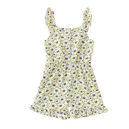 

Kucnuzki Toddler Baby Girl Clothes 6T Summer Bodysuit 7T Sling Floral Prints Ruffled Layer Cozy Jumpsuit Bodysuit Yellow