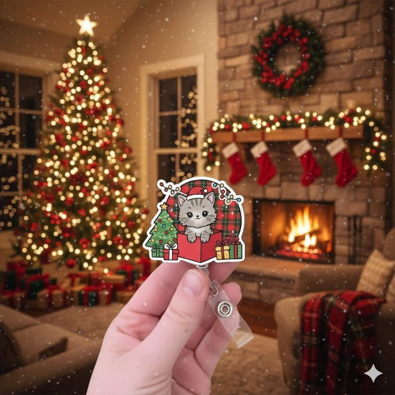TiniDecor Christmas Cat Badge Reel, Retractable ID Holder, Cute Holiday Gift for Nurses