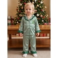 thumbnail image 5 of Cjfdfy Toddler Baby Girl Boy Christmas Satin Pajamas Tree Santa Claus Print Long Sleeve Ruffle Trim striped Shirt Pants Kids Baby Cute My First Christmas Holiday Sleepwear 1-6Y, 5 of 9